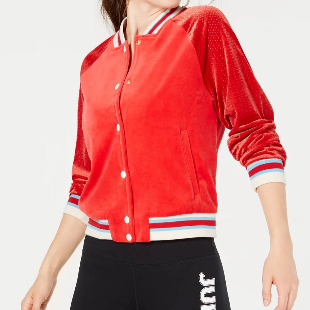 Juicy Couture Black Label Women's S Red Velour Graphic Bomber Varsity Jacket - Picture 16 of 16